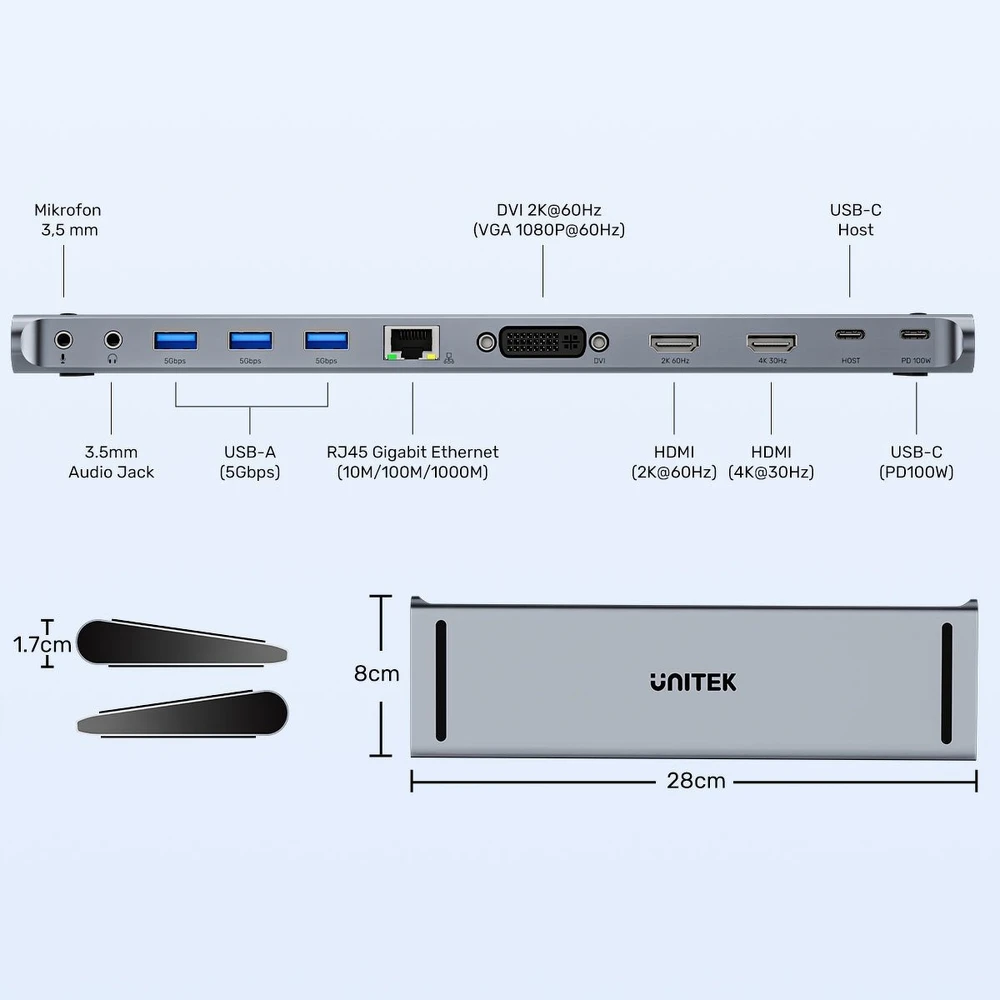 Doko stotelė Unitek USB-C su DisplayLink 4K | 4K@30Hz | 5Gbps | PD 100W