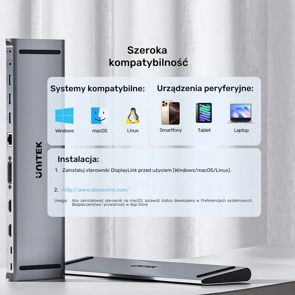 Doko stotelė Unitek USB-C su DisplayLink 4K | 4K@30Hz | 5Gbps | PD 100W