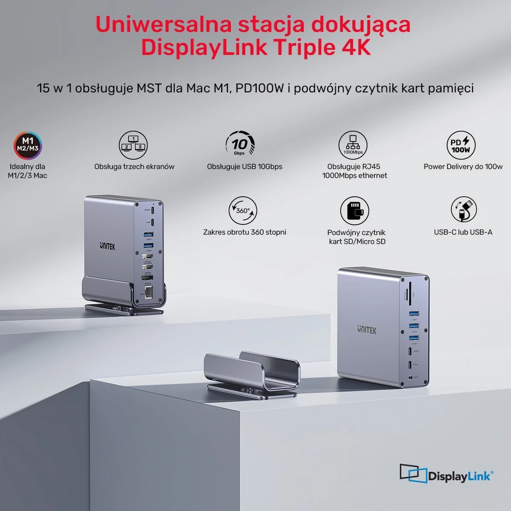 Šakotuvas Stotis / replikatorius Unitek Universal DisplayLink Triple 4K USB-C/Thunderbolt (D1135AGY01)
