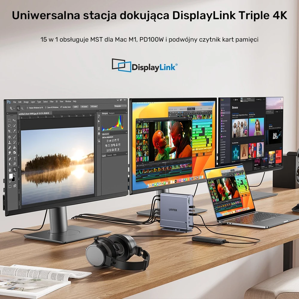 Šakotuvas Stotis / replikatorius Unitek Universal DisplayLink Triple 4K USB-C/Thunderbolt (D1135AGY01)