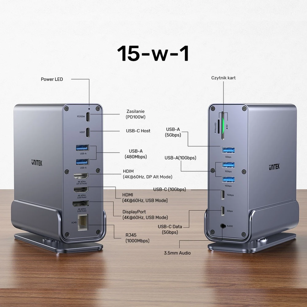 Šakotuvas Stotis / replikatorius Unitek Universal DisplayLink Triple 4K USB-C/Thunderbolt (D1135AGY01)