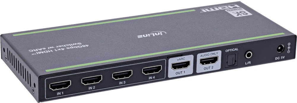 Šakotuvas „StarTech InLine HDMI“ jungiklis – 4 lizdų – HDMI 2.1 – 8K@60Hz – 4K@120Hz – eARC SPDIF lizdas, IR nuotolinio valdymo pultas