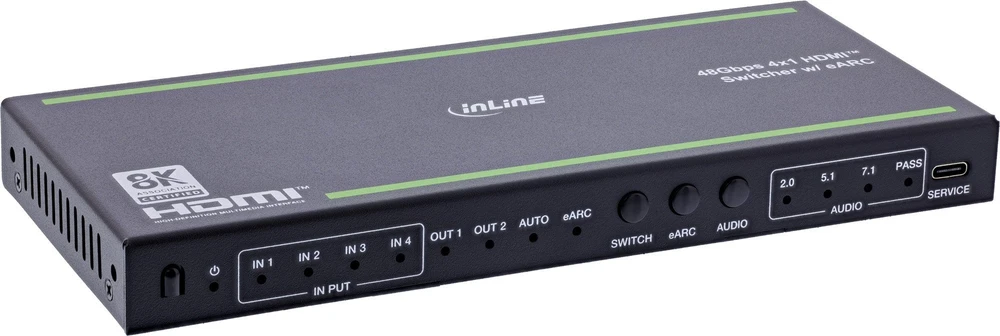 Šakotuvas „StarTech InLine HDMI“ jungiklis – 4 lizdų – HDMI 2.1 – 8K@60Hz – 4K@120Hz – eARC SPDIF lizdas, IR nuotolinio valdymo pultas