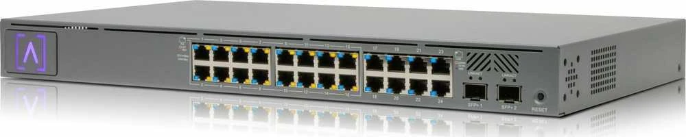 Šakotuvas „Alta Labs S24-PoE“ | Komutatorius | 24x RJ45 1000Mb/s, 16x PoE+, 2x SFP+, 240W, „Bluetooth“, programėlė, stovas