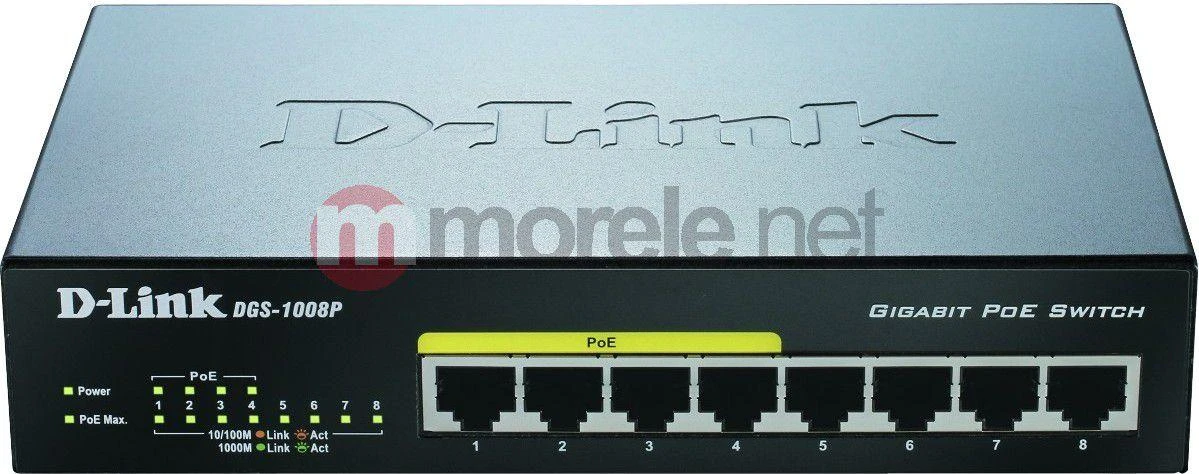 Šakotuvas D-Link Switch DGS-1008P Nevaldomas, Stalinis, 1 Gbps (RJ-45) jungtys kiekis 8, Maitinimo tipas Išorinis