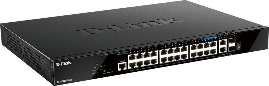 Šakotuvas D-Link Managed L3 Gigabit Switch DGS-1520-28MP 10/100/1000 Mbps (RJ-45), Tvarkomas, Stalinis kompiuteris, SFP+ jungtys kiekis 2x10GBase-X, Maitinimo tipas Perteklinis maitinimas, Ethernet LAN (RJ-45) jungtys 20