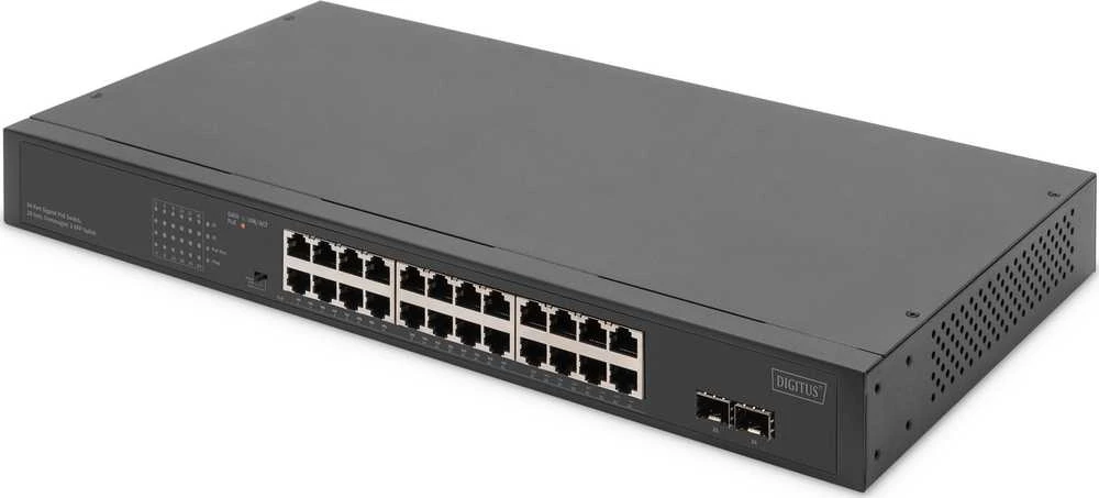 Šakotuvas Switch Digitus DN-95348-2 24-portowy Gigabit 19-calowy niezarządzalny su 2 portami Uplink SFP Juodas