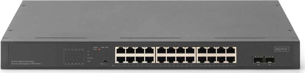 Šakotuvas Switch Digitus DN-95348-2 24-portowy Gigabit 19-calowy niezarządzalny su 2 portami Uplink SFP Juodas