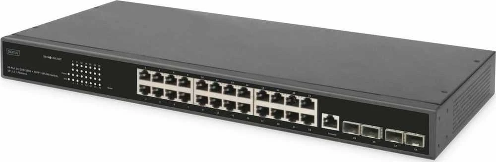 Šakotuvas Switch Digitus 24-portowy Gigabit 4x SFP Uplink L2 Rack 19 cali Juodas (DN-80223)