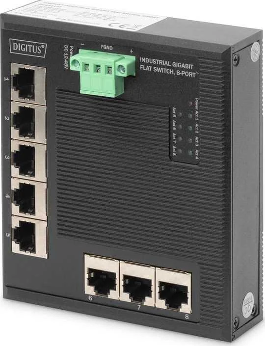 Šakotuvas Digitus INDUSTRIAL GIGABIT FLAT SWITCH - 8-PORT DIN RAIL EXT. TEMP. RANGE