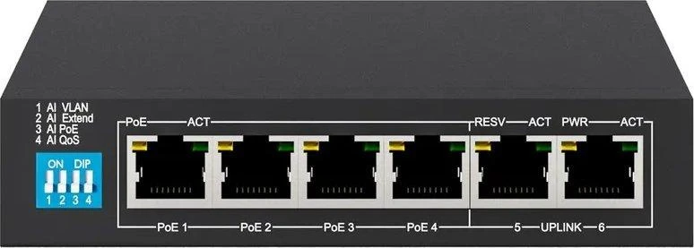 Šakotuvas EXTRALINK KRIOS 4 prievadų GbE Nevaldomas 802.3AF/AT 150 W PoE jungiklis + 1xRJ45 Up-Link