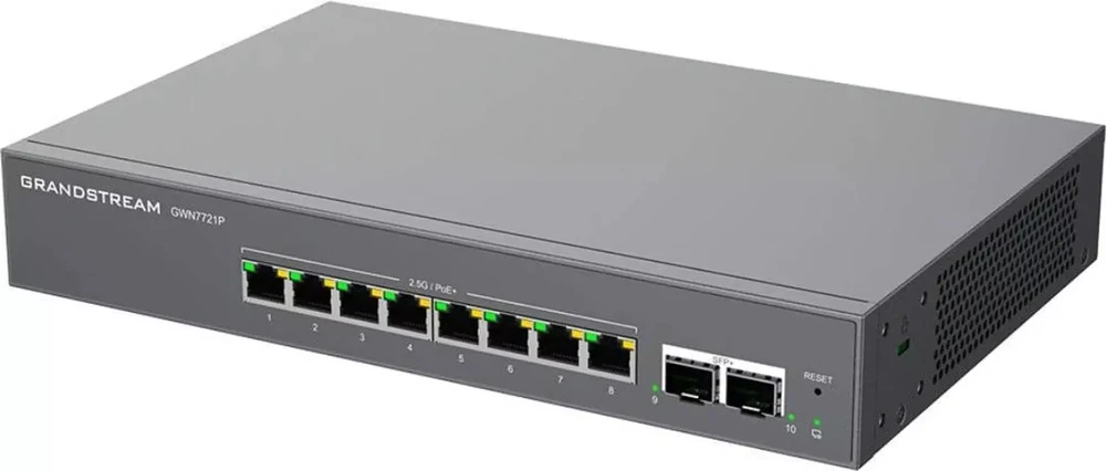 Šakotuvas „Grandstream GWN7721P“ L2 Lite valdymo komutatorius, 8x 2.5GbE RJ45, 2x 10G SFP+, PoE/PoE+
