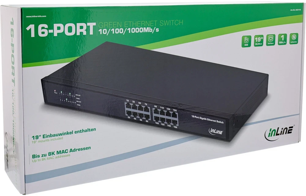 Šakotuvas Switch InLine Gigabit tinklo 16 prievadų 1Gb/s 19'' 1U metalinis be ventiliatoriaus (32311O)