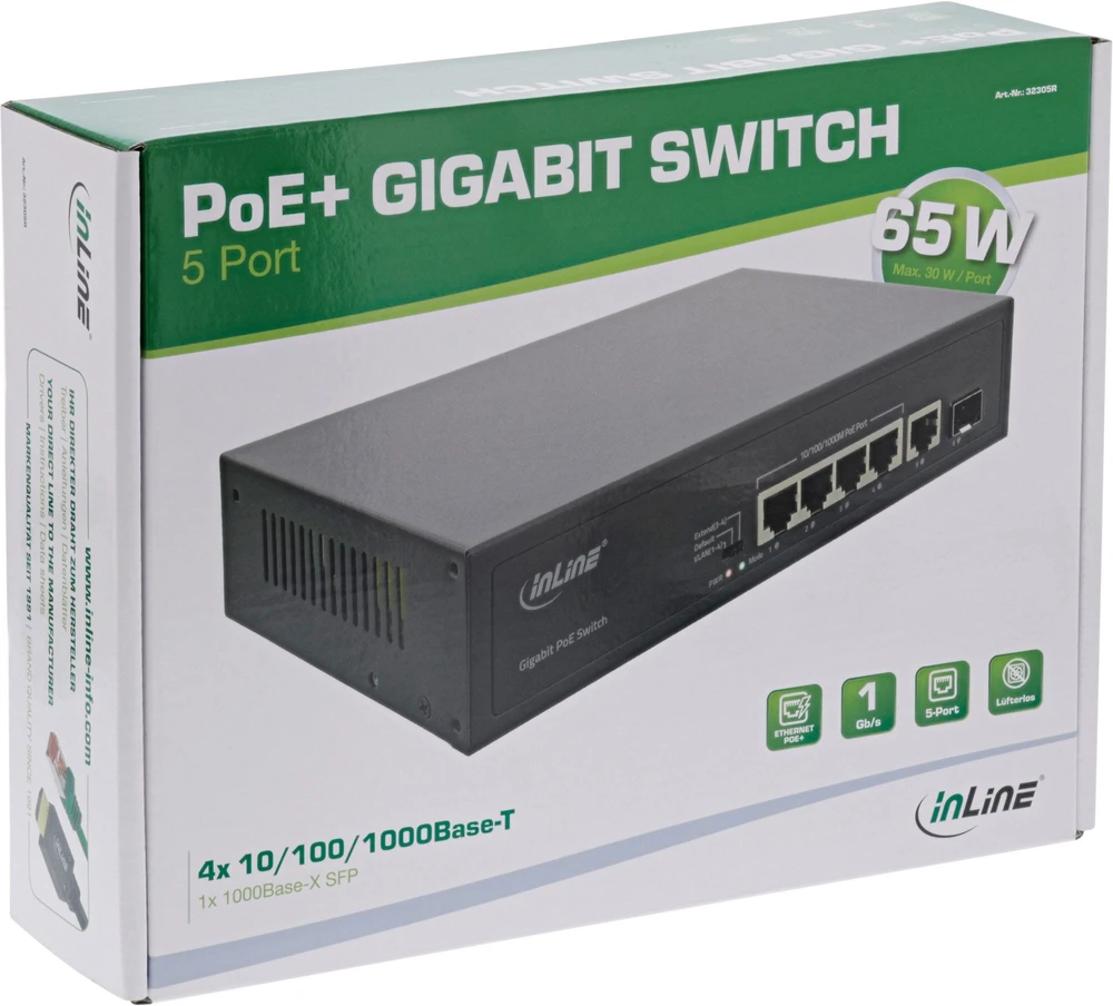 Šakotuvas Switch InLine PoE+ Gigabit tinklas 5 prievadai (4x PoE+), 1xSFP, 1Gb/s Stalinis metalinis be ventiliatoriaus (32305R)