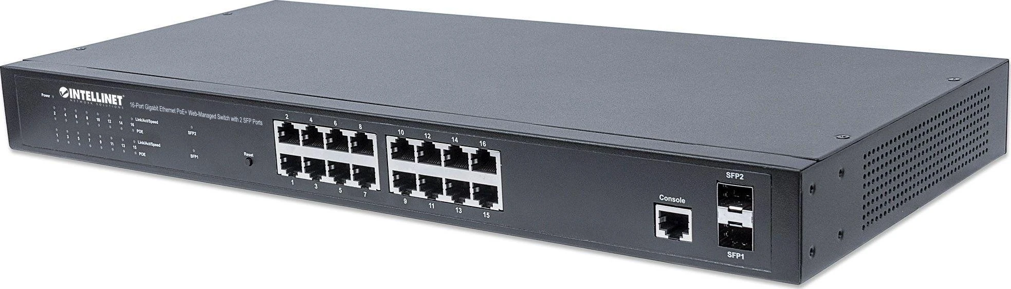 Šakotuvas Intellinet 561198 Gigabito komutatorius 16x RJ45 PoE+, 2x SFP lizdas