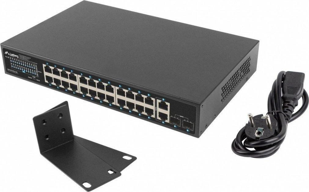 Šakotuvas LANBERG jungiklis PoE+ 19 colių 24x 1GB POE+ 2x GB 2x SFP 360W RSGE-24P-2GE-2S-360 nevaldomas