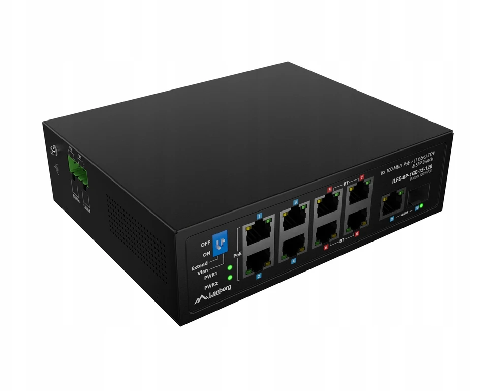 Šakotuvas Komutatorius Lanberg ILFE-8P-1GE-1S-120 Light Industrial PoE 4XBT 4XAT SFP+ETH DIN FAST Ethernet