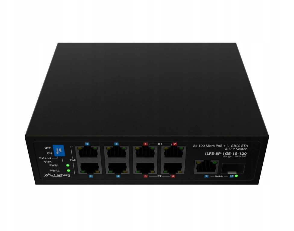 Šakotuvas Komutatorius Lanberg ILFE-8P-1GE-1S-120 Light Industrial PoE 4XBT 4XAT SFP+ETH DIN FAST Ethernet
