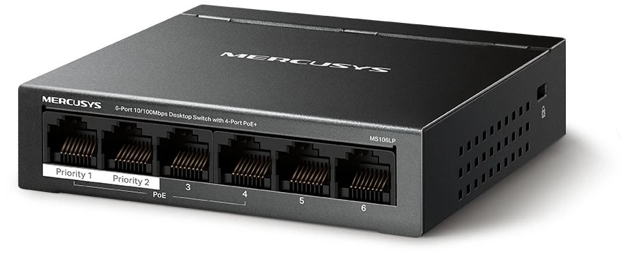 Šakotuvas MERCUSYS jungiklis MS106LP (6x100Mb/s,4xPoE+,40W,be ventiliatoriaus)