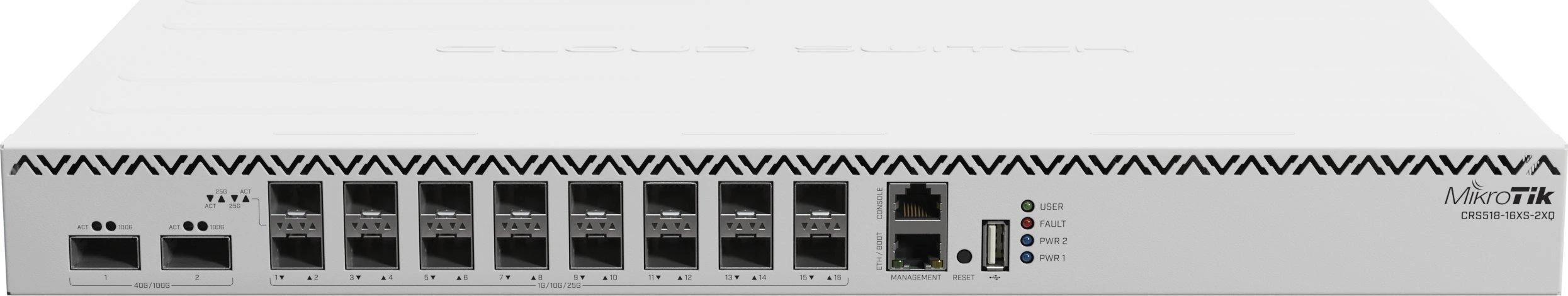 Maršrutizatorius MikroTik | Debesų kompiuterijos maršrutizatorių komutatorius su RouterOS L5 licencija | 518-16XS-2XQ-RM | Montuojamas į lentyną | SFP jungčių kiekis: 16x po 25G SFP28 jungtys; 2x po 25G SFP28 jungtys | Maitinimo šaltinio tipas: vidinis