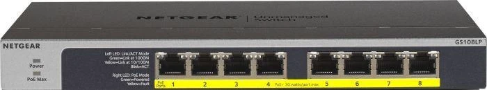 Šakotuvas Netgear GS108LP Ne-valdomas Gigabit Ethernet (10/100/1000) Juoda, Pilka 1U Maitinimas per Eternetą (PoE)