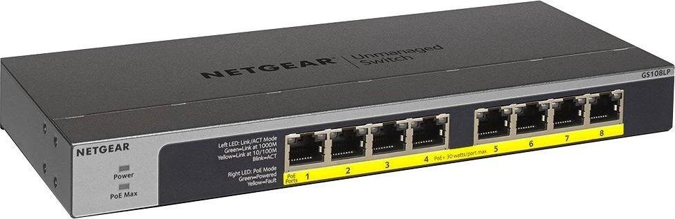 Šakotuvas Netgear GS108LP Ne-valdomas Gigabit Ethernet (10/100/1000) Juoda, Pilka 1U Maitinimas per Eternetą (PoE)