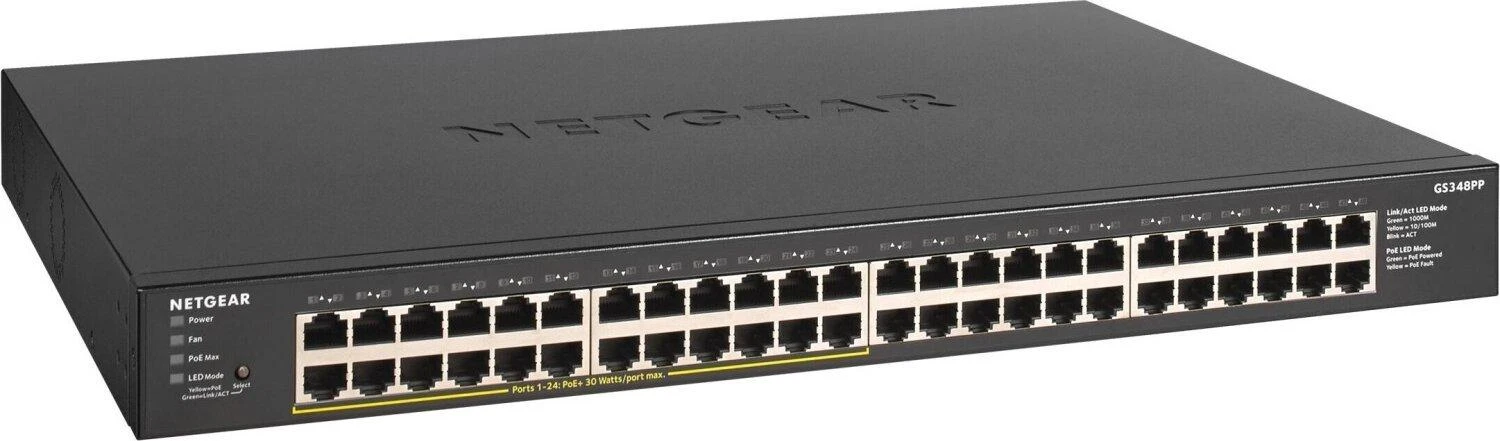 Serveris Netgear GS348PP Ne-valdomas Gigabit Ethernet (10/100/1000) Juoda Maitinimas per Eternetą (PoE)