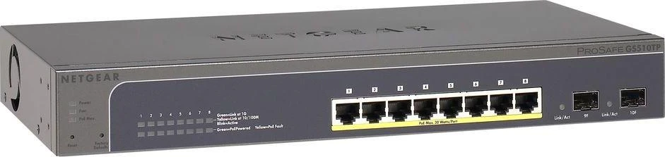 Šakotuvas Netgear Switch GS510TPP žiniatinklio valdymas, montuojamas ant stovo, 1 Gbps (RJ-45) jungčių kiekis 8, SFP jungčių kiekis 2, PoE+ jungčių kiekis 8, maitinimo tipas vienas