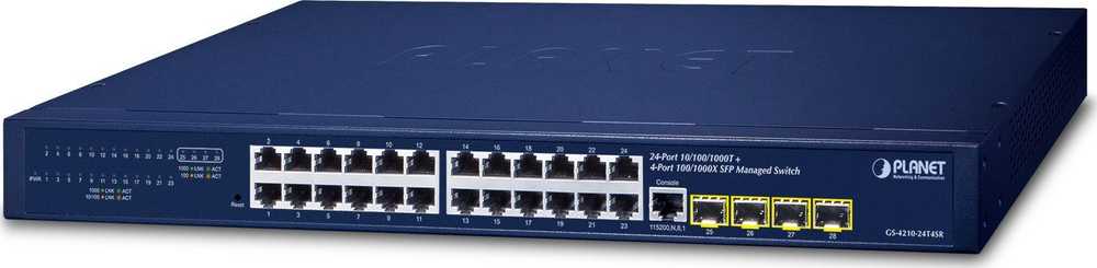 Šakotuvas PLANET IPv4/IPv6, 24 prievadų valdomas L2/L4 gigabito eternetas (10/100/1000) 1U Mėlyna
