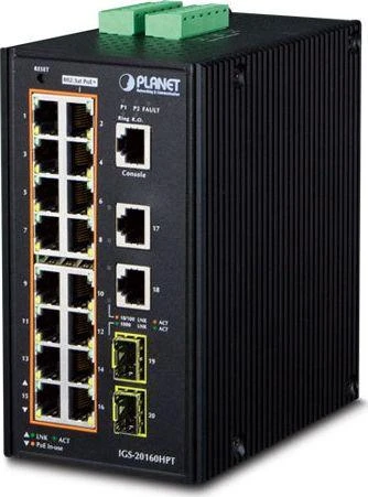 Šakotuvas PLANET IGS-20160HPT tinklo jungiklis Valdomas L2/L3 Gigabit Ethernet (10/100/1000) Maitinimas per Ethernet (PoE) Mėlyna, Baltas