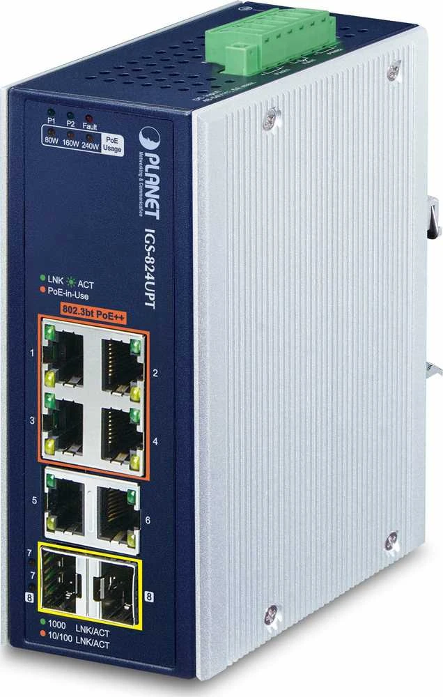Šakotuvas Planet Technology PLANET IP30 pramoninis 4 prievadų, nevaldomas, gigabito eternetas (10/100/1000), pilnai dvipusis, maitinimas per eternetą (PoE), montuojamas ant sienos