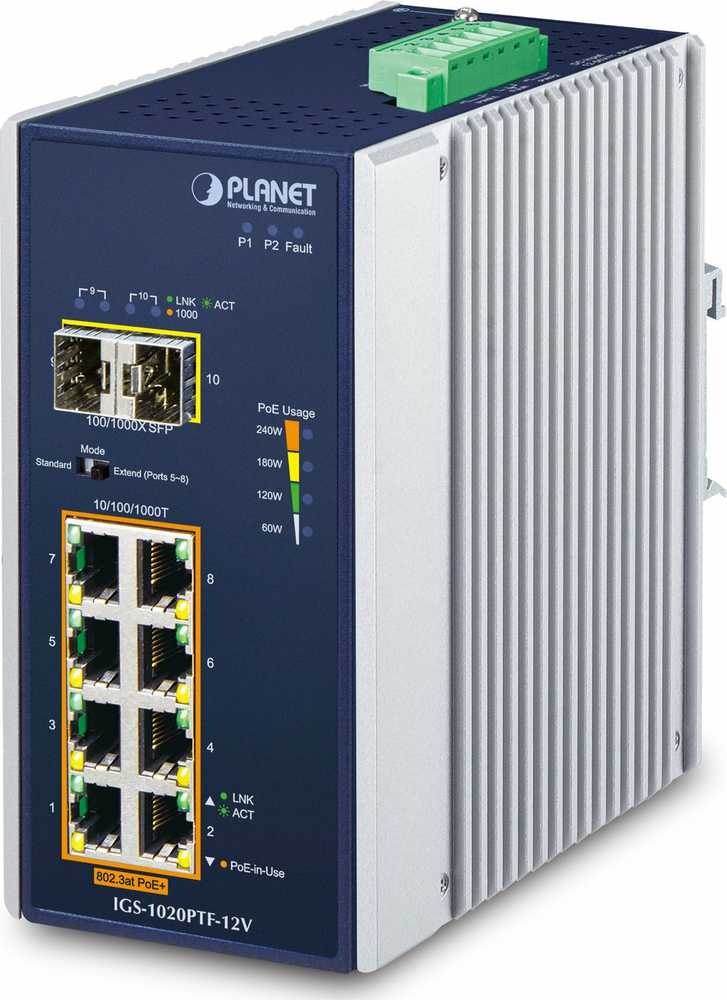 Šakotuvas Planet IP30 pramoninis 8 prievadų 10/100/1000T 802.3at PoE + 2 prievadų 100/1000X SFP Ethernet jungiklis su 12V stiprintuvu (-40 ~ 75 laipsnių C, 250 m išplėtimo režimas, PoE naudojimo šviesos diodas, dviguba 12 V maitinimas ~ 5 padidinti)
