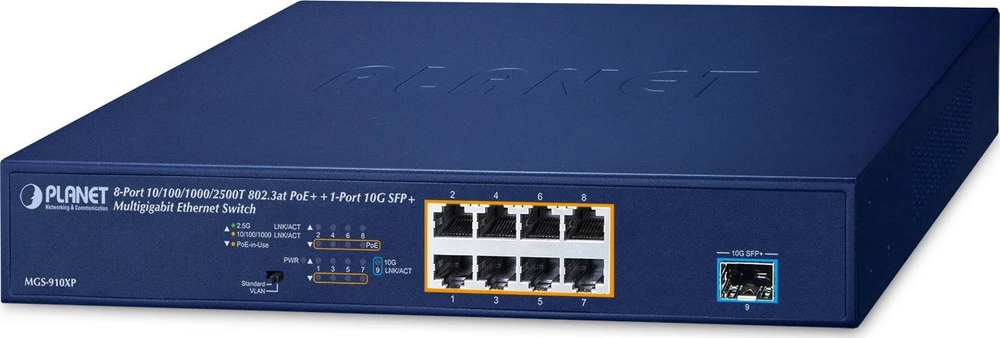 Šakotuvas Switch Planet PLANET MGS-910XP łącza jungiama į tinklą Nie zarządzany 2.5G Ethernet (100/1000/2500) Obsługa PoE Mėlyna