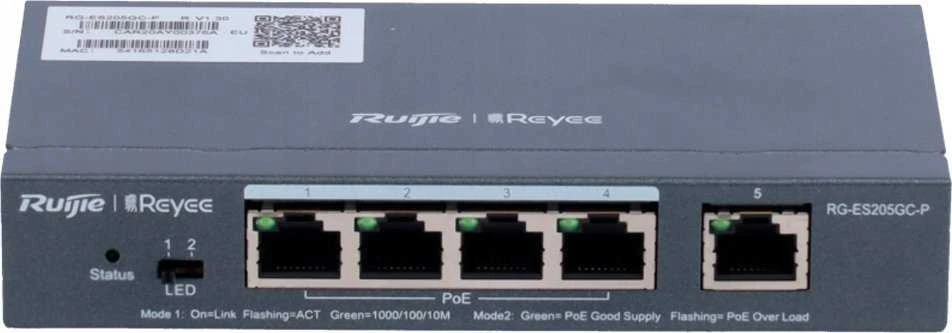 Šakotuvas 5 prievadų, 4 PoE prievadų komutatorius Ruijie Reyee RG-ES205GC-P