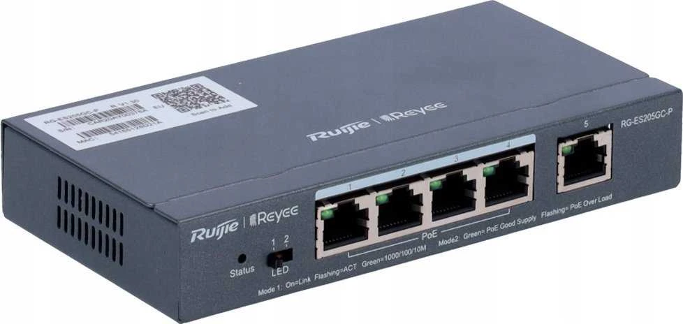 Šakotuvas 5 prievadų, 4 PoE prievadų komutatorius Ruijie Reyee RG-ES205GC-P