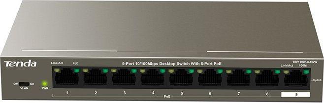 Šakotuvas Tenda TEF1109P-8-102W tinklo jungiklis Fast Ethernet (10/100) Power over Ethernet (PoE) Metallic