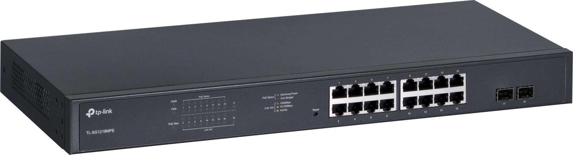 Šakotuvas TP-LINK | Komutatorius | TL-SG1218MPE | Valdomas žiniatinklyje | Montuojamas į lentyną | Gigabito Ethernet (varinis) jungčių kiekis: 16 | SFP jungčių kiekis: 2 | PoE+ jungčių kiekis: 16 | 36 mėn.