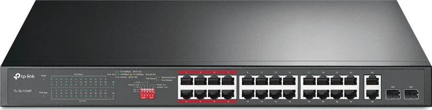 Šakotuvas TP-Link 24 prievadų 10/100 Mbps + 2 prievadų gigabito nevaldomas PoE+ komutatorius