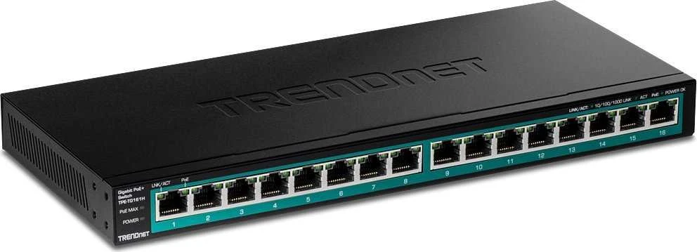 Šakotuvas TRENDnet 16 prievadų Gigabit PoE+ jungiklis (123 W)