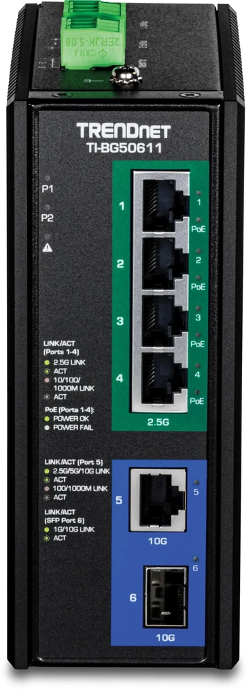 Šakotuvas Switch TRENDnet 6-Port Industrial 2.5G PoE++ Nie zarządzany 2.5G Ethernet (100/1000/2500) Obsługa PoE Juodas (TI-BG50611)