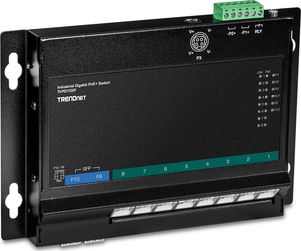Šakotuvas TRENDnet 10 prievadų pramoninis Gigabit PoE+ WallMount priekinis Acc