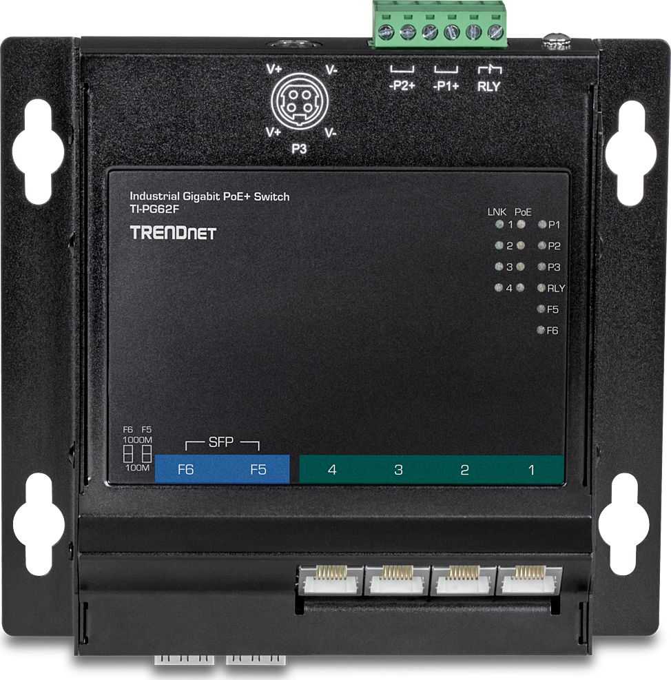 Šakotuvas TRENDnet 6 jungčių pramoninis Gigabit PoE+ WallMount priekinis Acc.