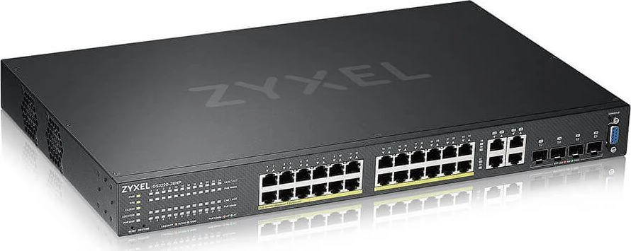 Šakotuvas Zyxel GS2220-28HP 28 prievadų L2 valdomas Gigabit PoE jungiklis, 24x gigabit RJ45, 4x gigabit RJ45 / SFP, PoE 375 W