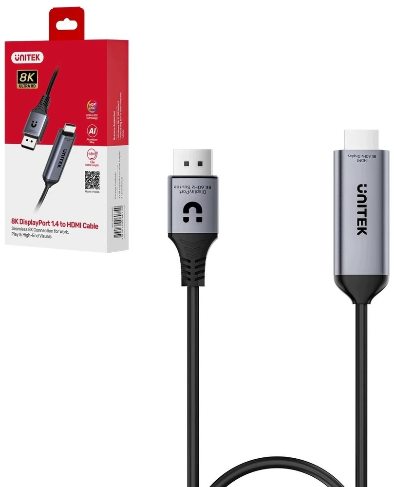 Šakotuvas UNITEK CABLE ADAPTER DP 1.4 - HDMI 2.1 8K HDR 1,8M