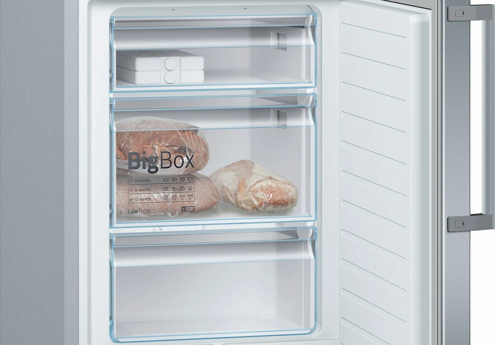 Bosch KGE398IBP Serija 6, Laisvai statomas šaldytuvas-šaldiklis su šaldiklio skyriumi apačioje, 201 x 60 cm, Nerūdijančio plieno