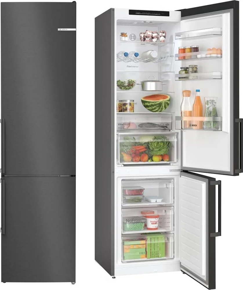 Bosch KGN39VXCT Serija 4, Laisvai statomas šaldytuvas-šaldiklis su šaldiklio skyriumi apačioje, 203 x 60 cm, Juodas šlifuotas plienas, atsparus pirštų atspaudams