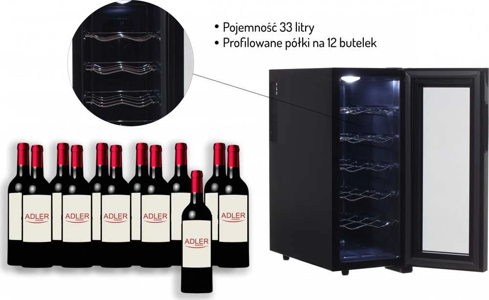 Adler | Gėrimų sandėliukas | AD 8083 | Energijos vartojimo efektyvumo klasė G | Laisvai stovintis | Butelių talpa 12 | Juodas