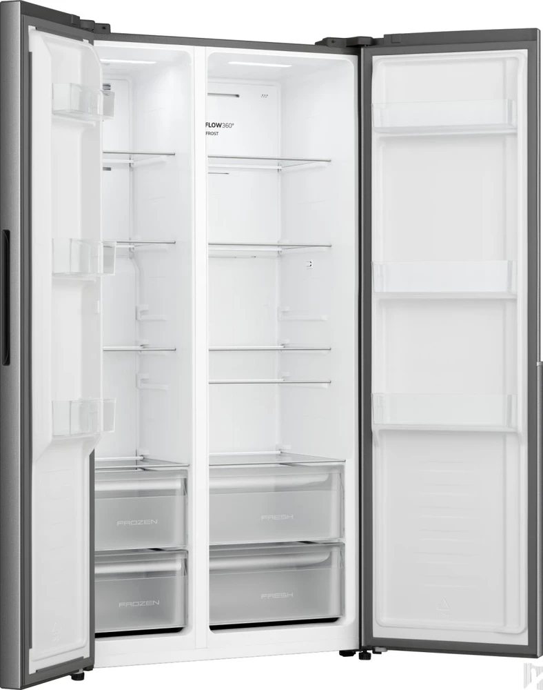 Gorenje Side by side kyl /frysskåp med MultiFlow Cooling för jämn luftcirkulation i hela skåpet. NoFrost Plus eliminerar manuell avfrostning, medan SuperCool och FastFreeze hjälper till att upprätthålla optimala förhållanden för nyinlagda dagligvaror.