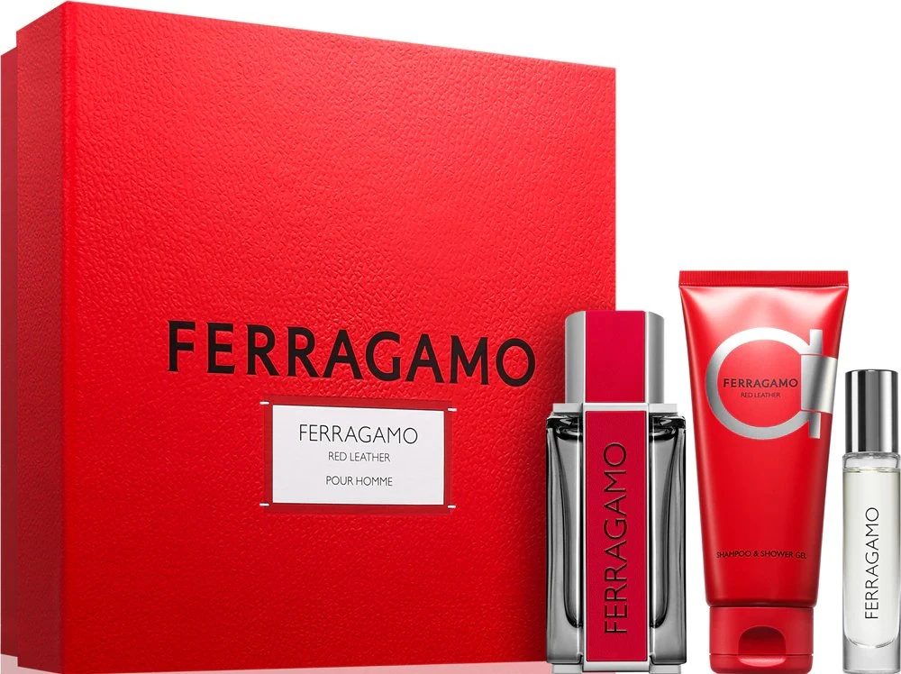 Salvatore Ferragamo Ferragamo Ferragamo Raudona Leather rinkinys vyrams (EDP, 100 ml + šampūnas ir dušo želė, 100 ml + EDP, 10 ml)