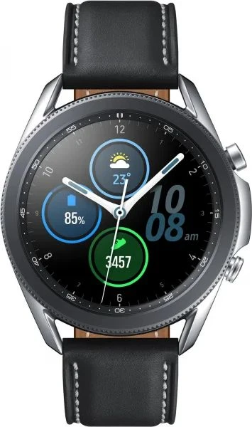 Išmanusis laikrodis Samsung Galaxy Watch3 (41 mm), Sidabrinės spalvos korpusas su juodos spalvos odiniu dirželiu